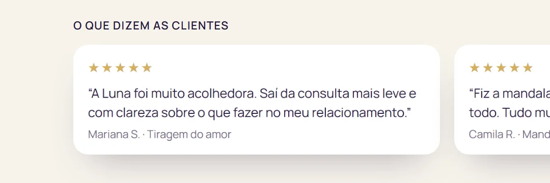 Seção "O que dizem as clientes" da página de agendamento, com duas avaliações de 5 estrelas
